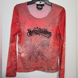 Harley Davidson red long sleeve semi sheer top size M